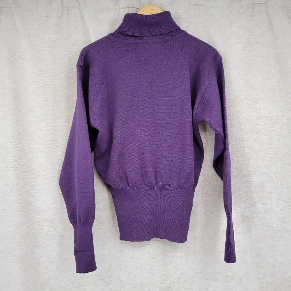 Kaelin 80s Purple Embellished Turtleneck Sweater Cinched Waist Vintage Women's